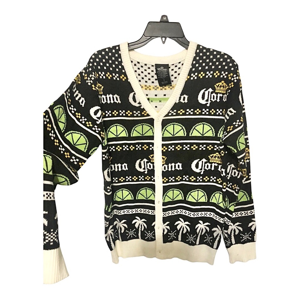 Corona green black white multi‎ palm print feliz navidad cardigan size small new